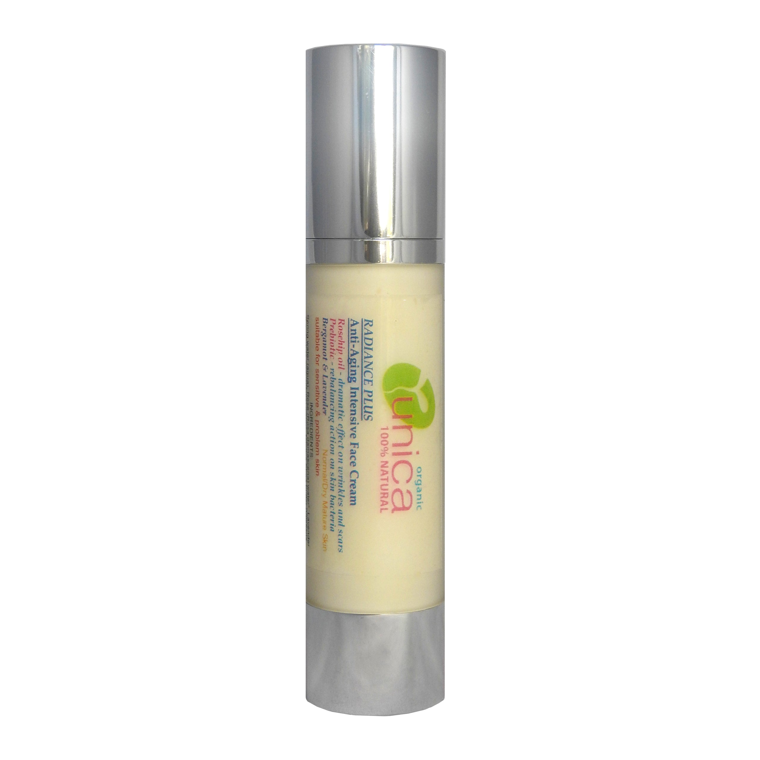 Organic face cream with Prebiotics for normal to dry skin in airless tube. Suitable for sensitive skin eczema, psoriasis.