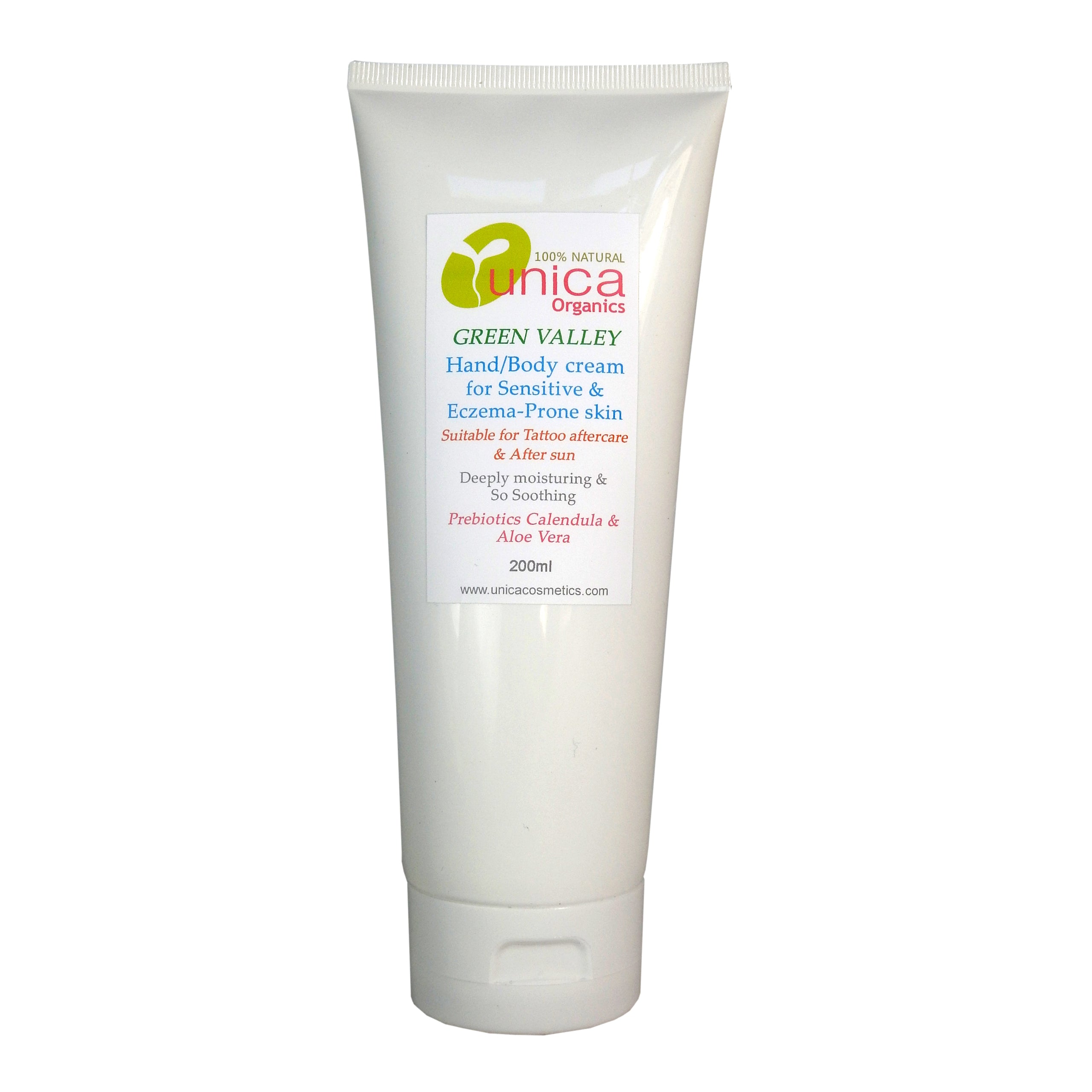Organic body cream and tattoo aftercare for dry sensitive skin and eczema with prebiotics packed in white pump tube.