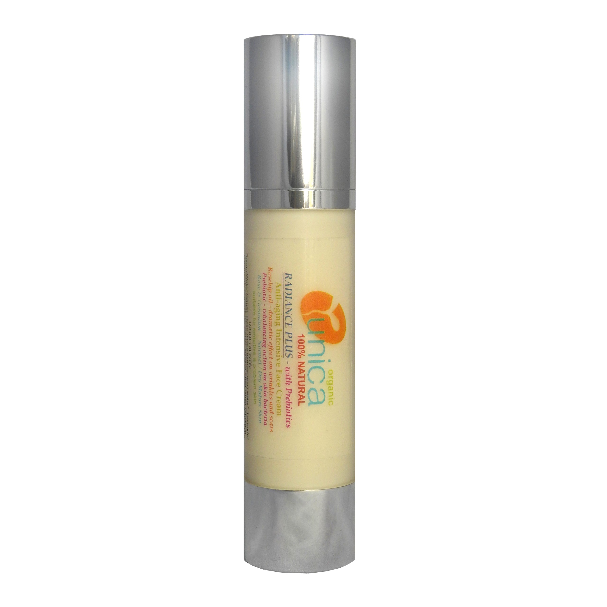 Organic face cream with Prebiotics for normal to dry skin in airless tube. Suitable for sensitive skin eczema, psoriasis.