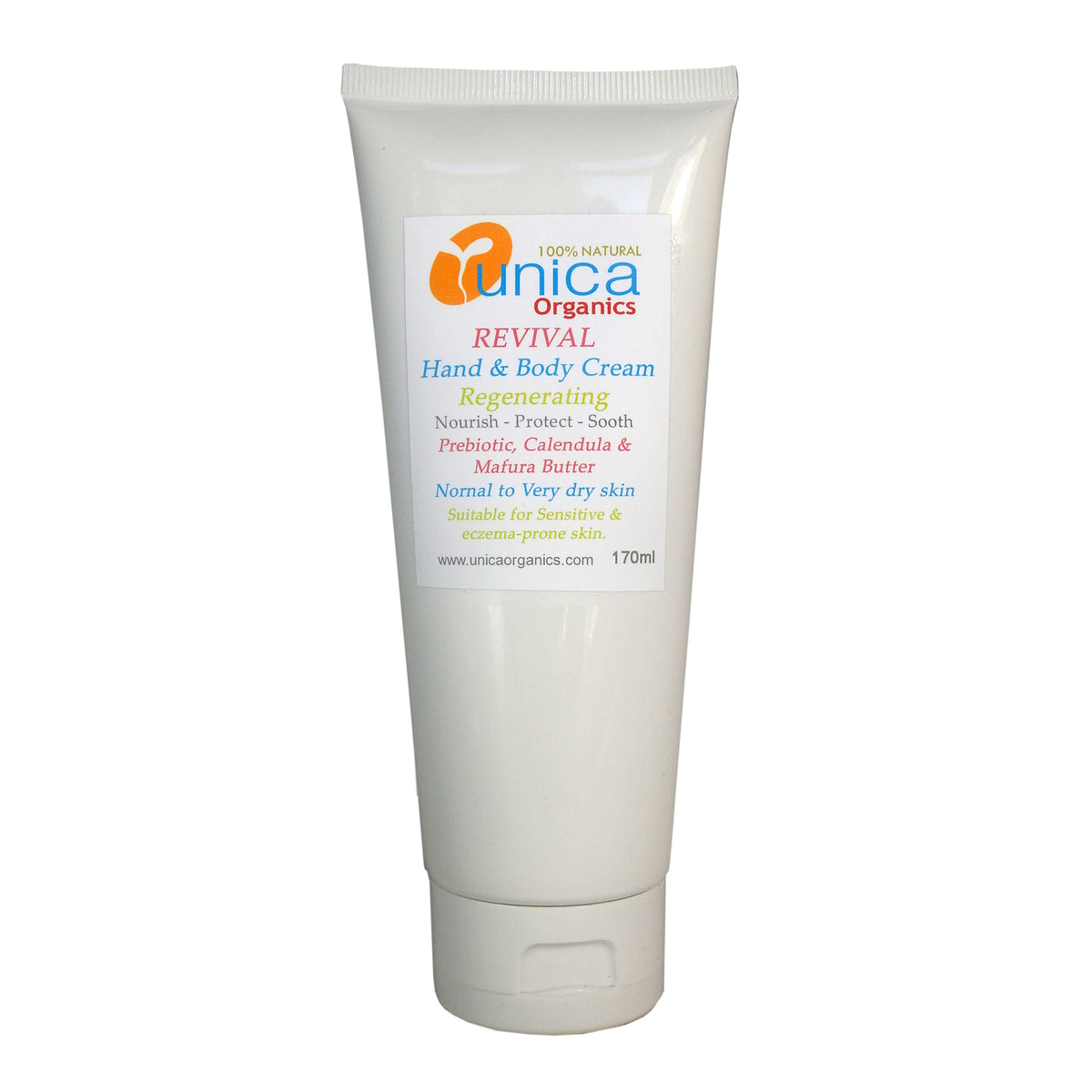 Organic hand and body cream with Prebiotics in white tube container. Suitable for sensitive skin, eczema and psoriasis.