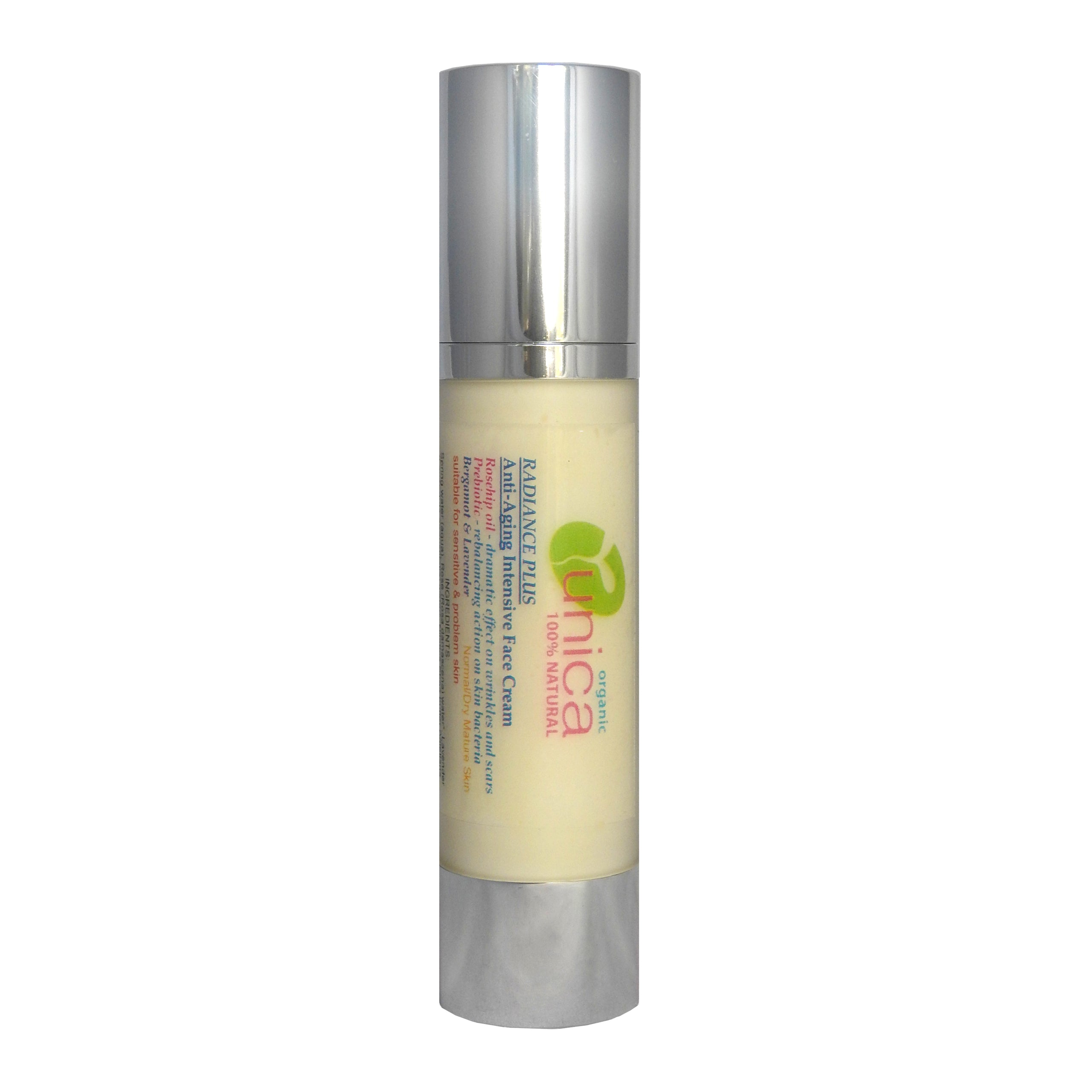 Organic face cream with Prebiotics for normal to dry skin in airless tube. Suitable for sensitive skin eczema, psoriasis. 