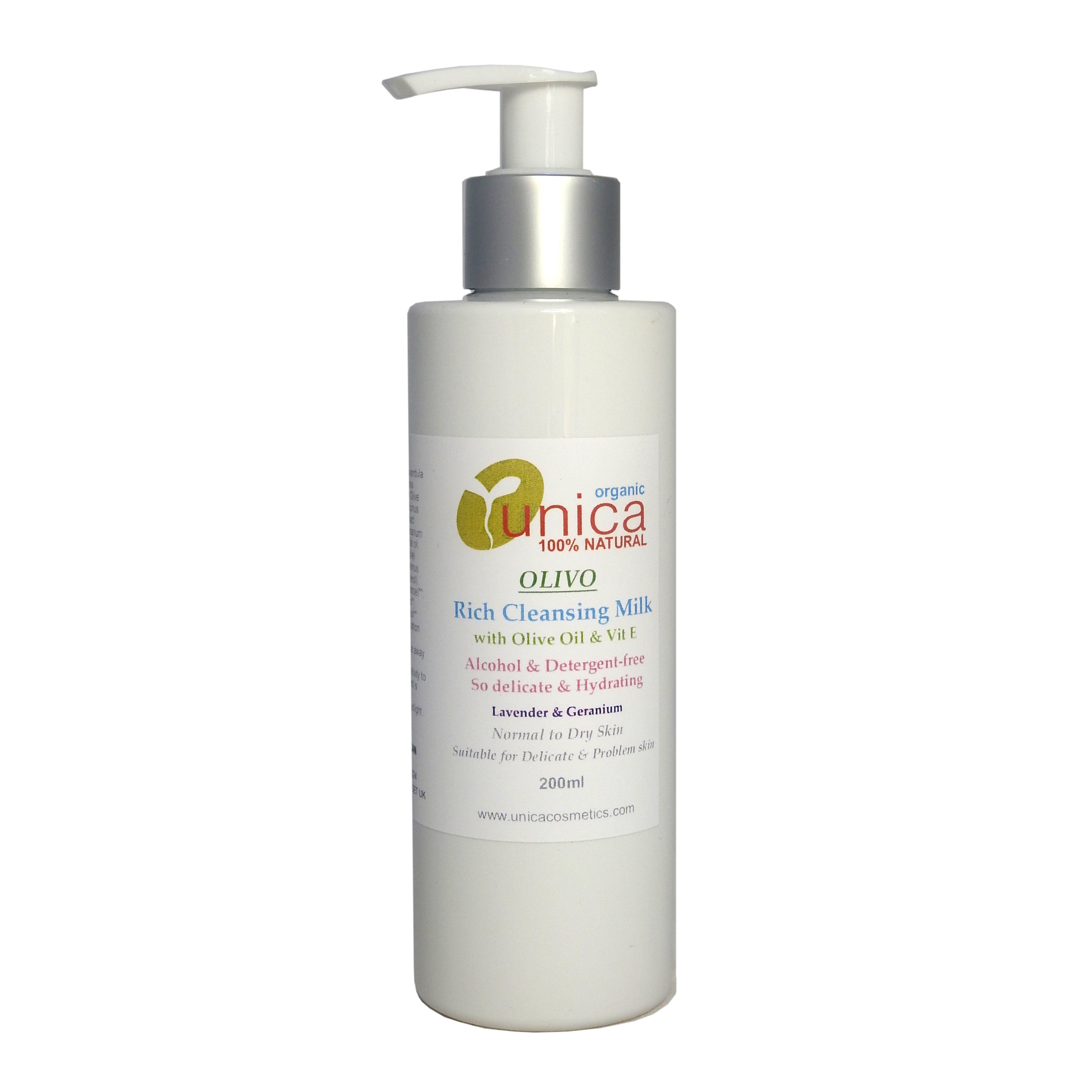 Organic face cleanser with olive oil for dry sensitive skin and eczema packed in white pump tube. Lavender and geranium.