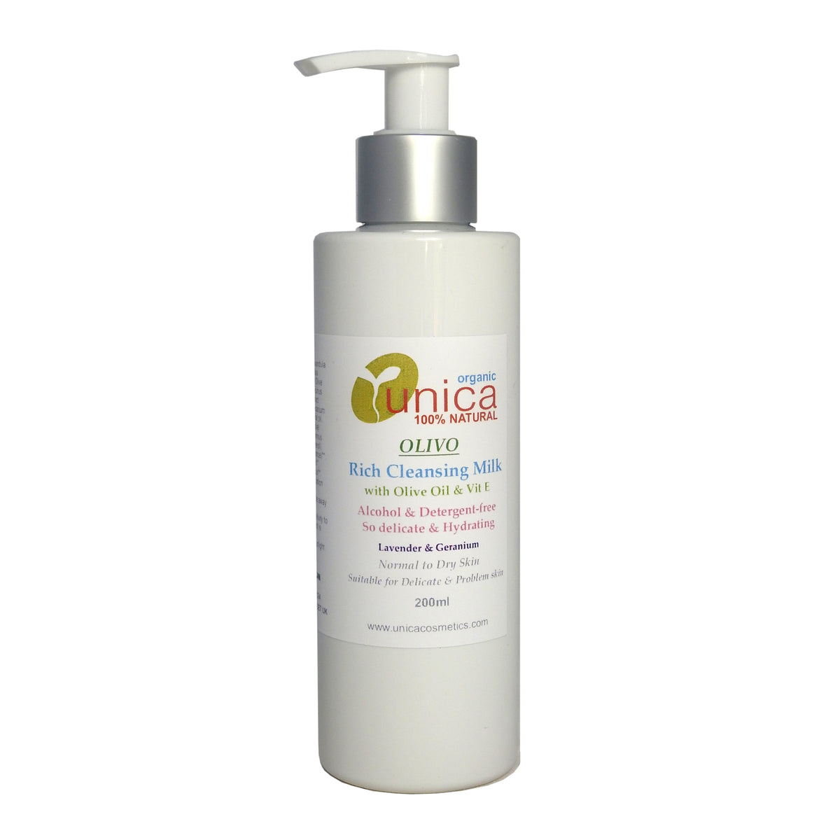 Organic face cleanser with olive oil for dry sensitive skin and eczema packed in white pump tube. Lavender and geranium.