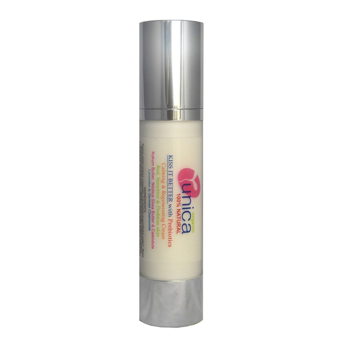 Kiss it Better, organic cream for sensitive skin, eczema, psoriasis and rosacea with Prebiotics, packed in an airless tube.