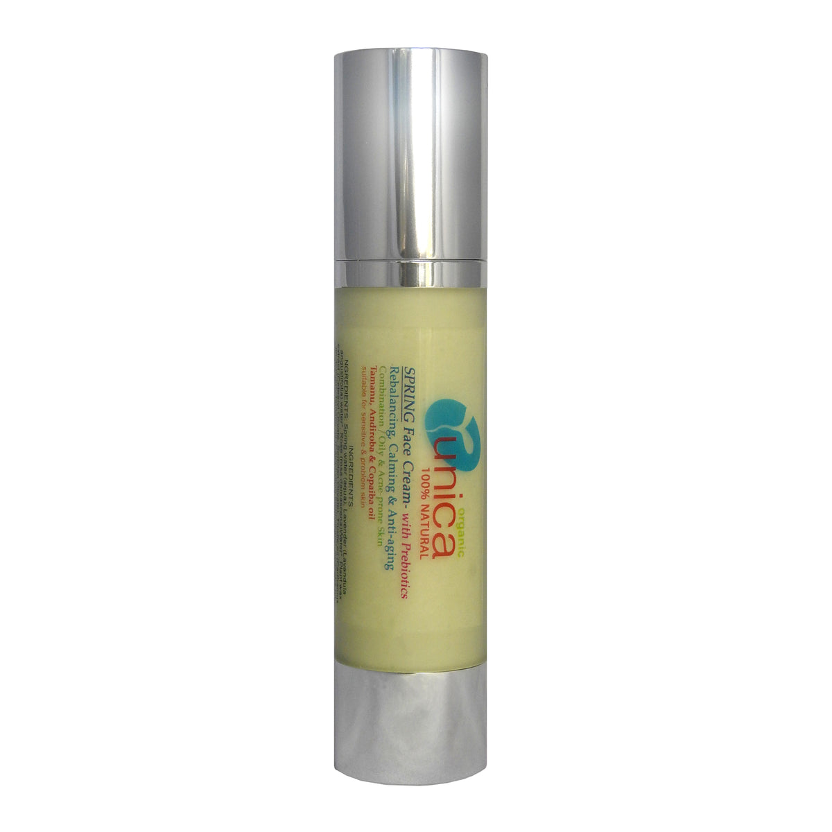 Organic face cream with Prebiotics for oily and acne skin in airless tube. Suitable for sensitive skin eczema, psoriasis. 