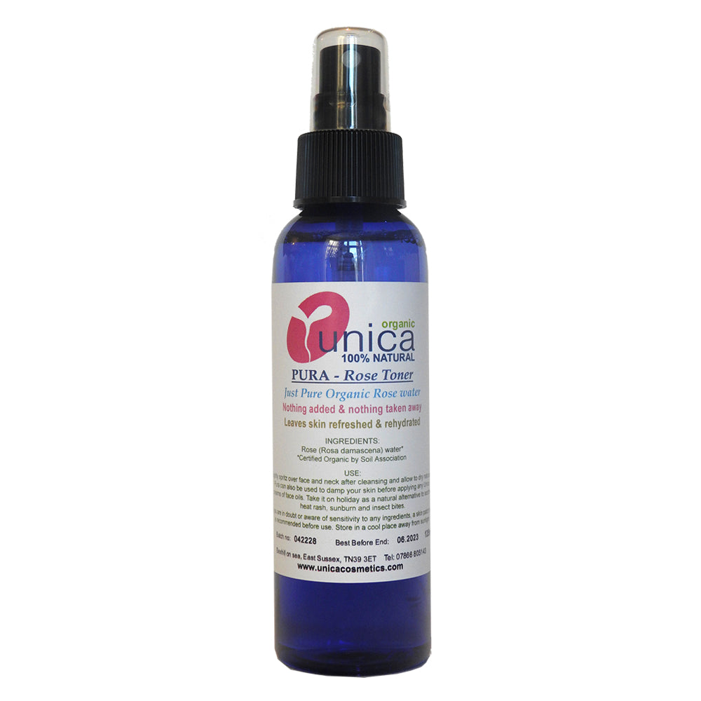 Organic rose face toner floral water in 125ml spray bottle. Suitable for sensitive skin, eczema and psoriasis.