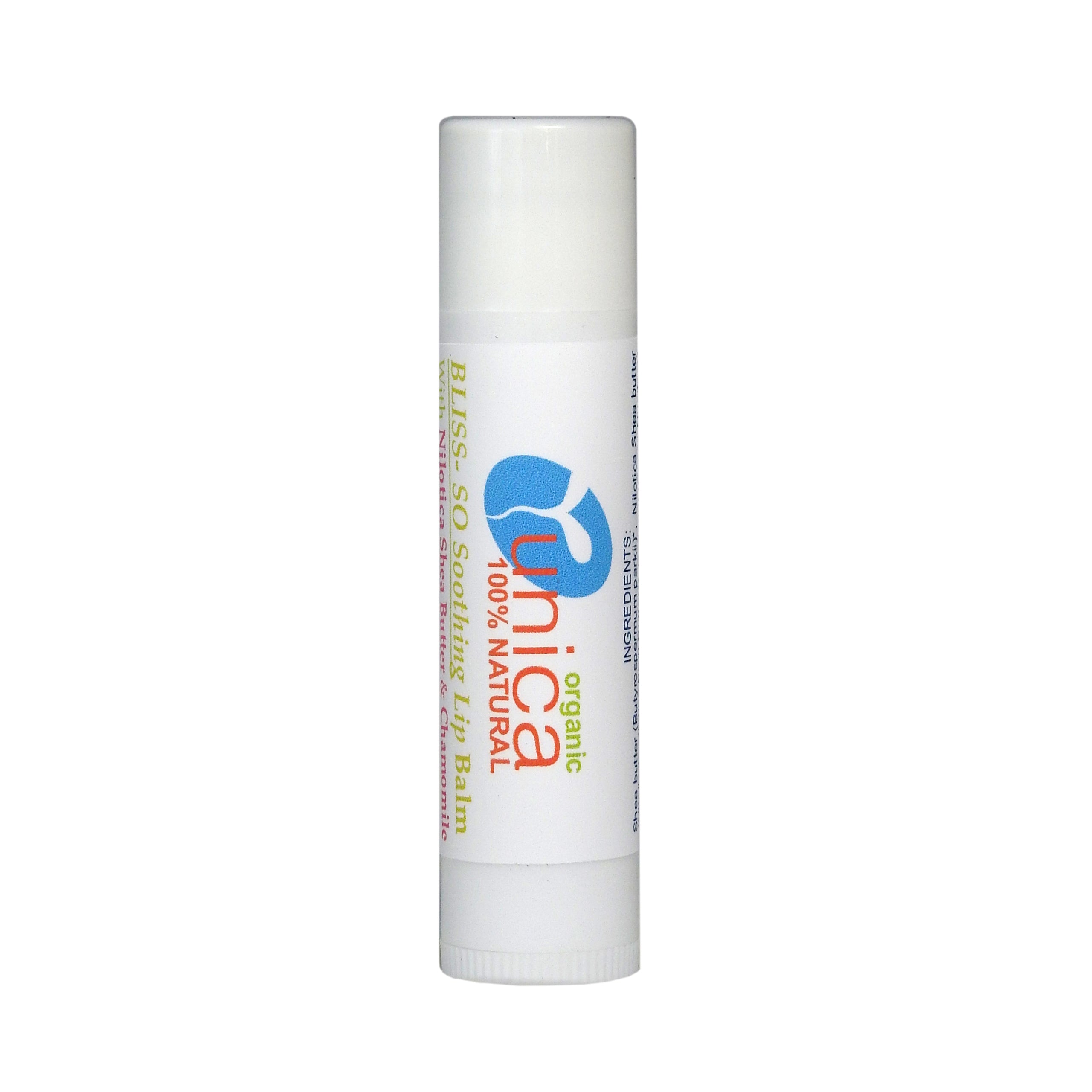 Tube of organic lip balm with blue chamomile and shea butter. For sensitive skin and eczema.
