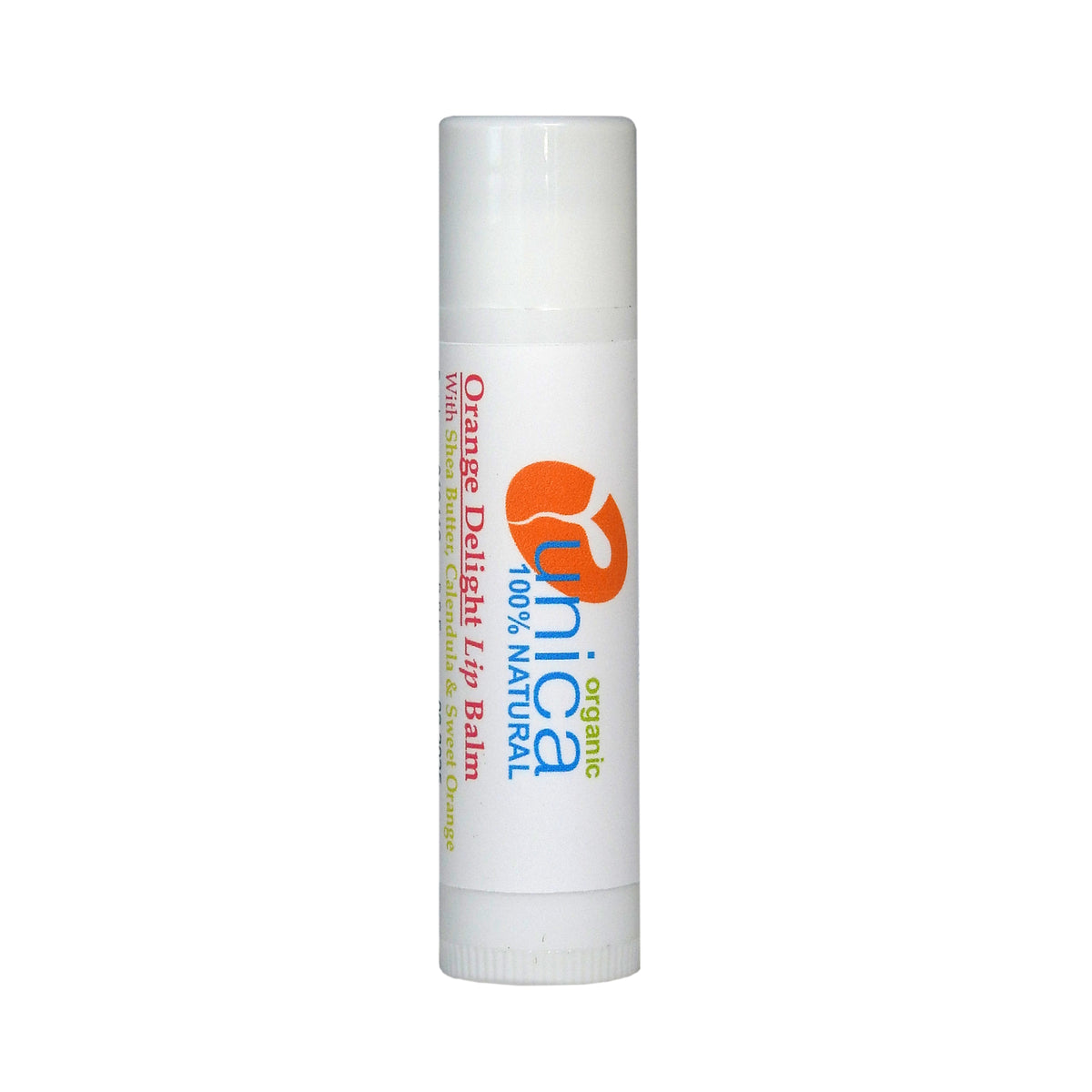 Tube of organic and 100% natural lip balm with sweet orange  and shea butter. For sensitive skin and eczema.