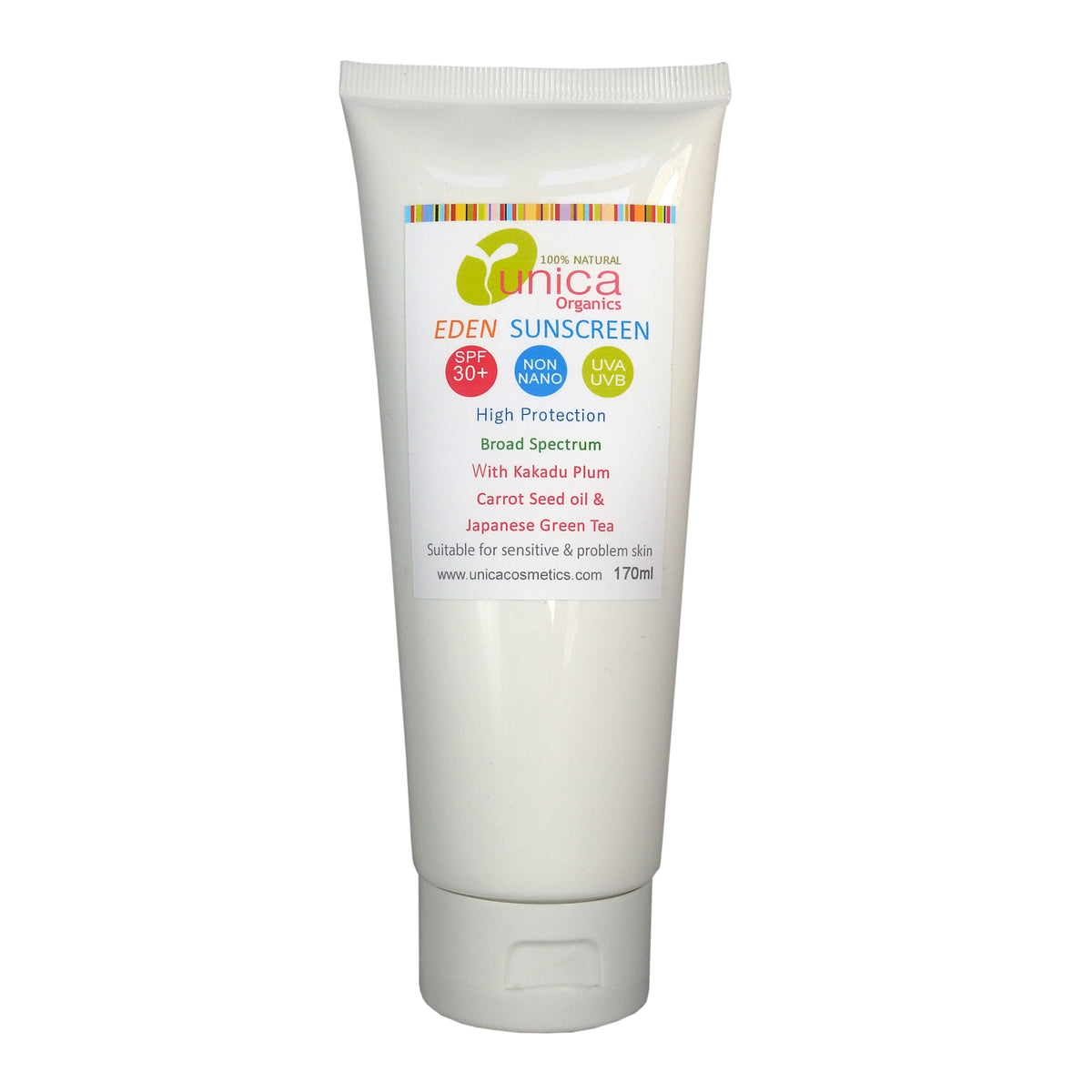 Organic non-nano sun cream with zinc oxide and green tea in a white tube. Suitable for sensitive skin, eczema and psoriasis.