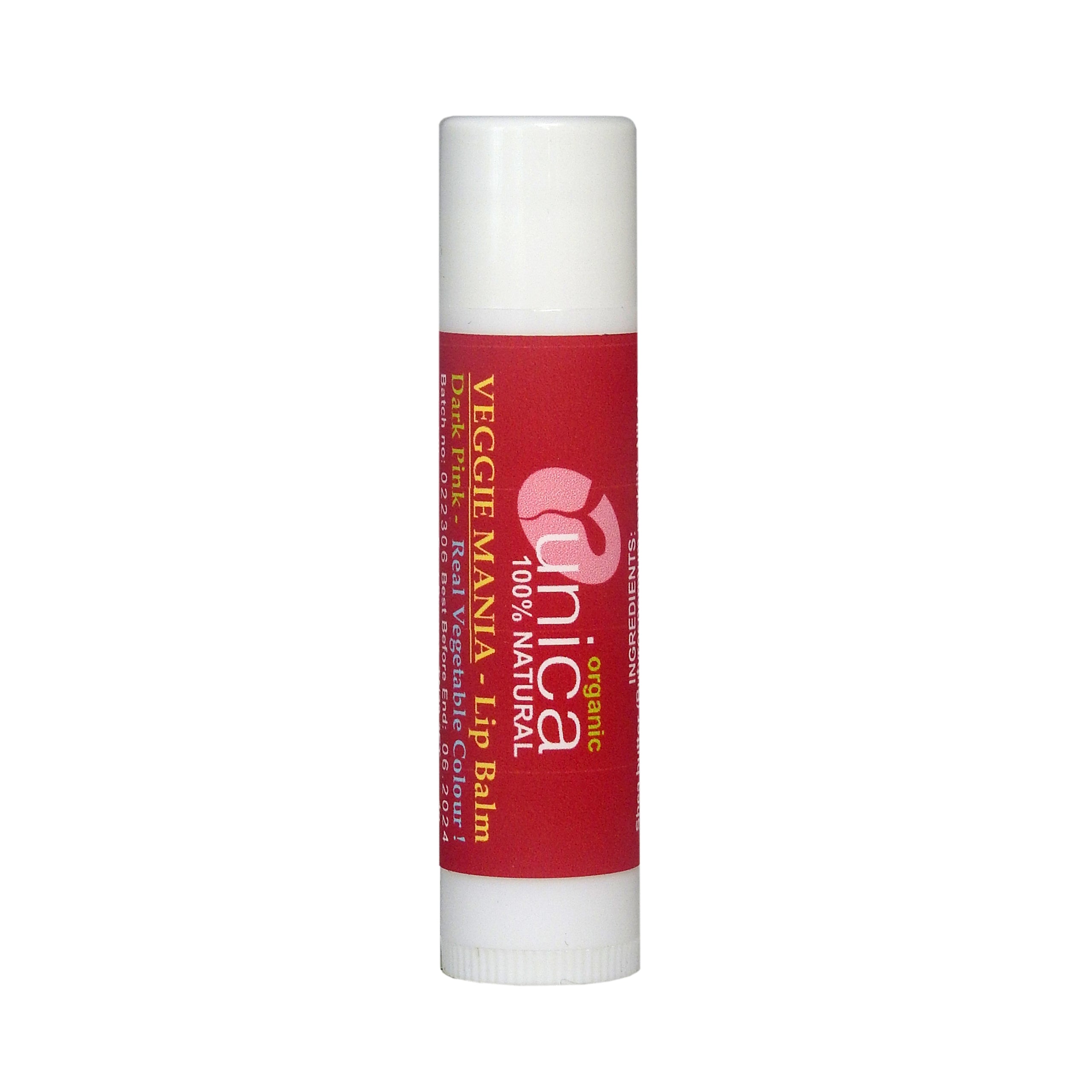 Tube of Organic Dark Pink Lip Tinted Balm coloured only with pigments for the purple carrot