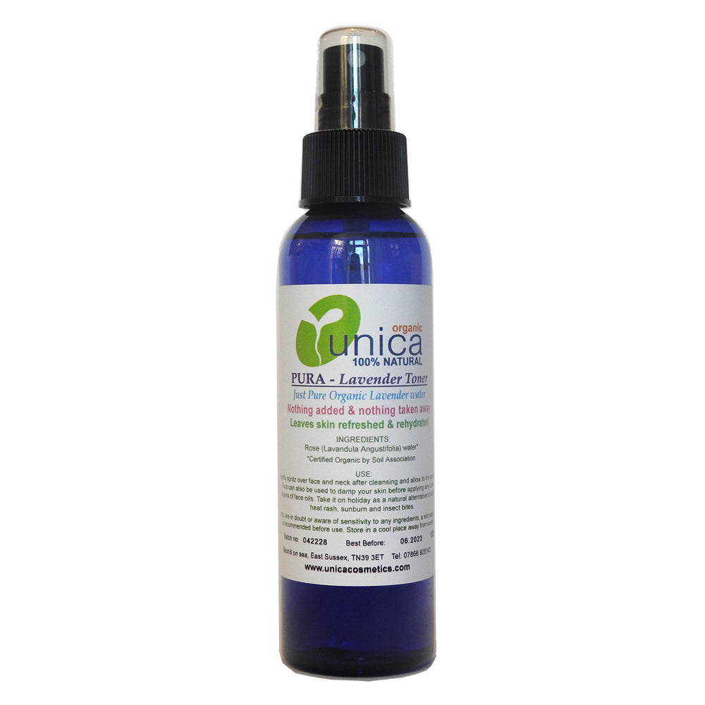 Organic face toner floral water with Lavender in 125ml spray bottle. Suitable for sensitive skin, eczema and psoriasis.